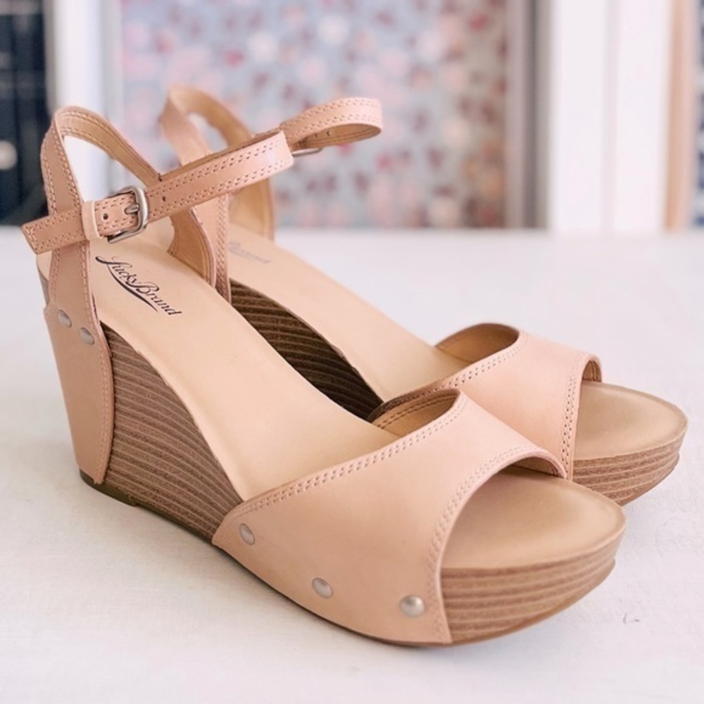 [Lucky Brand] Leather Marshha Peep Toe Wraped Heel Studded Platform Wedge